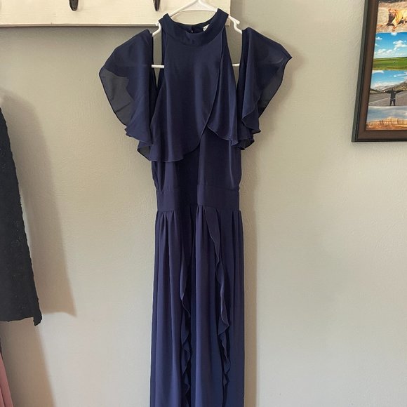 TFNC Size 6 Navy High Neck Maxi Dress with Frills - Picture 1 of 6